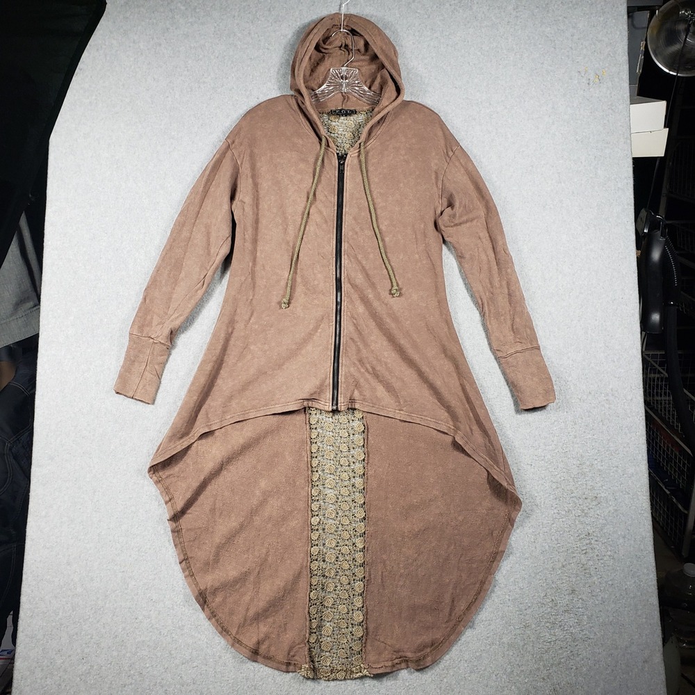 Polen Women Medium Brown Crochet Lace Knit Full Zip Hoodie Jacket Boho 90s Theme
